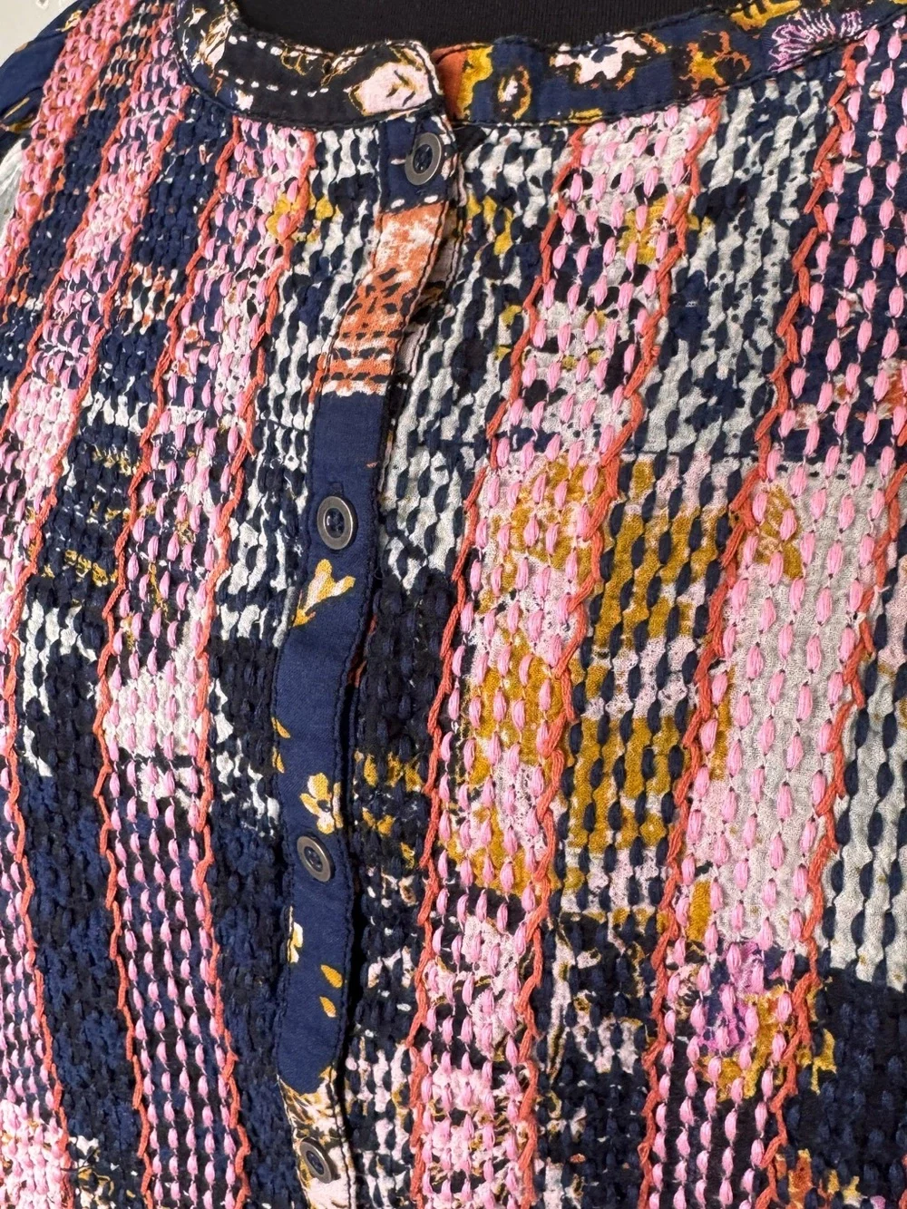 We the Free Kiwi Patchwork Navy Peasant Blouse Medium